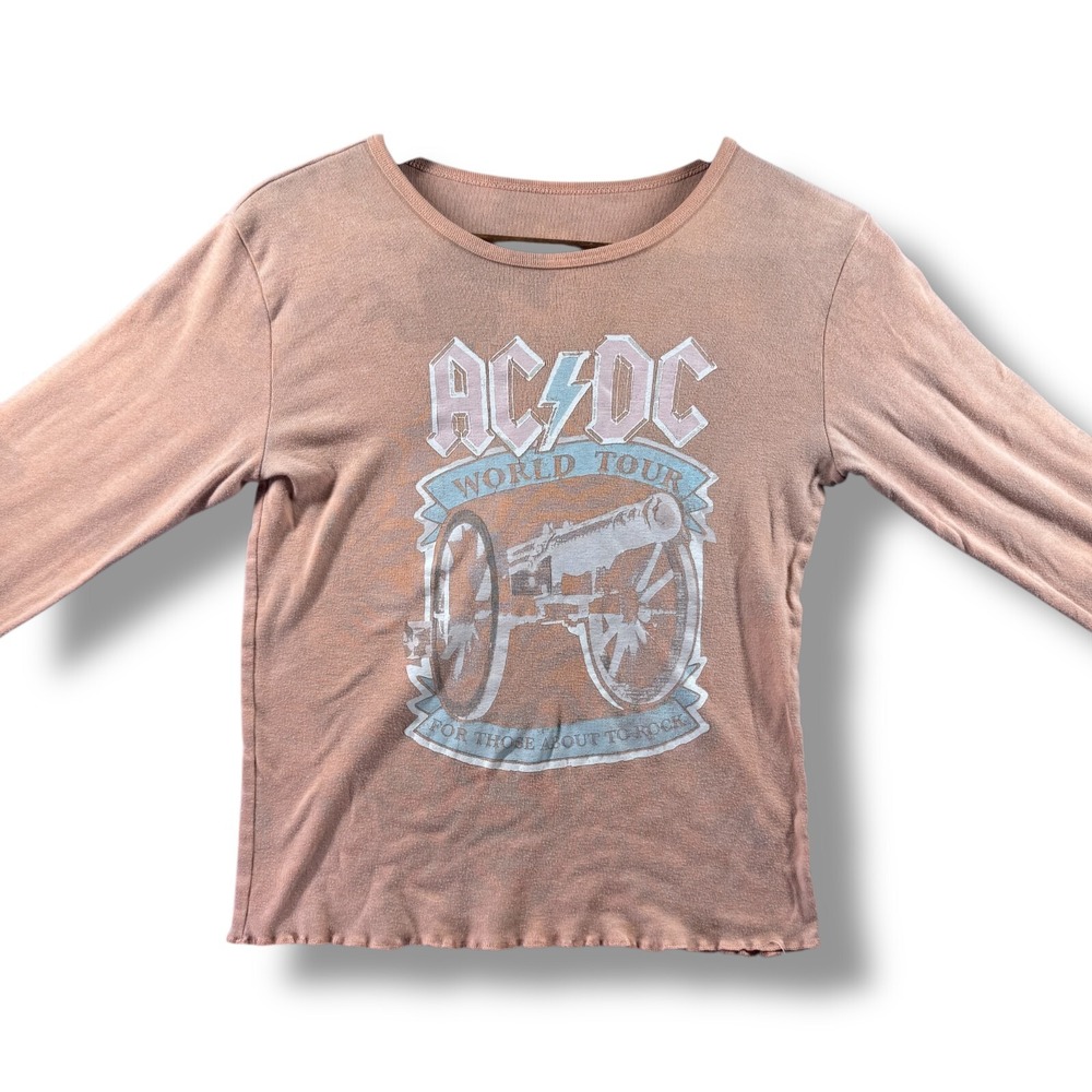AC/DC World Tour Graphic T-Shirt Orange Coral Long Sleeve Ruffle Juniors Medium
